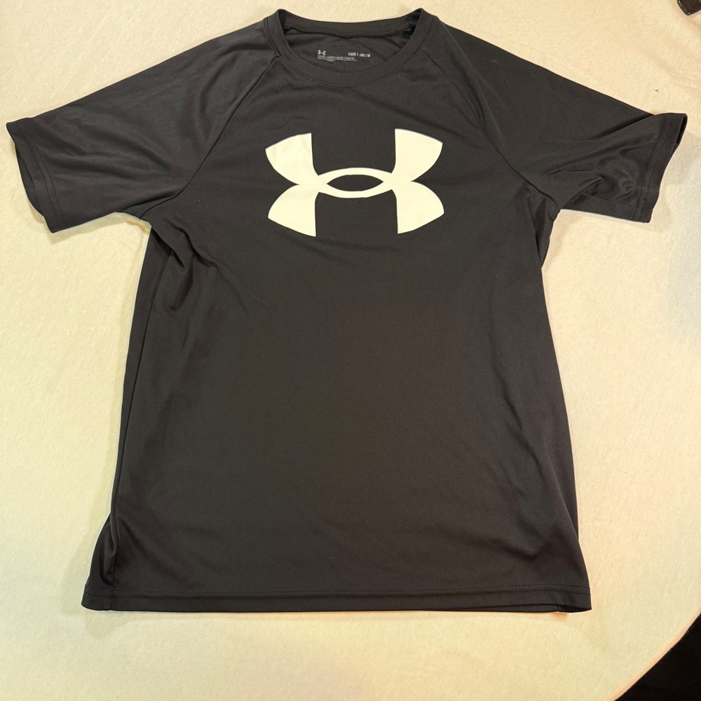 Under Armour Dri Fit Boys M Black Logo Short Sleeve Activewear Sporty School Gym